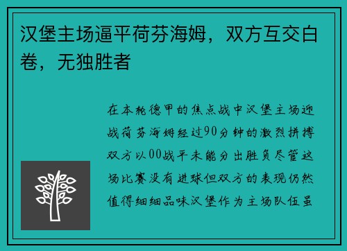 汉堡主场逼平荷芬海姆，双方互交白卷，无独胜者